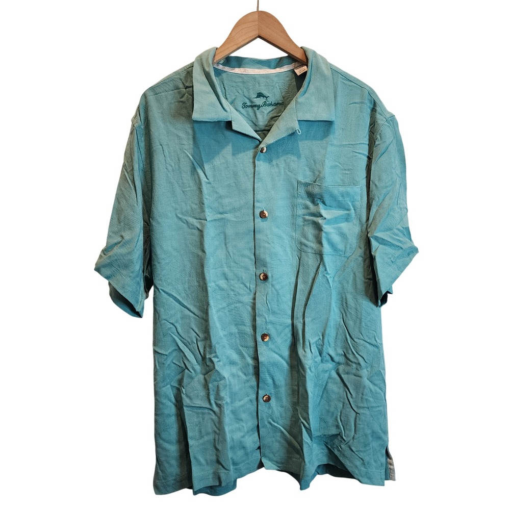 Tommy Bahama Button Up Shirt Mens XL Teal Blue 100% Silk Camp Tropical Short Slv